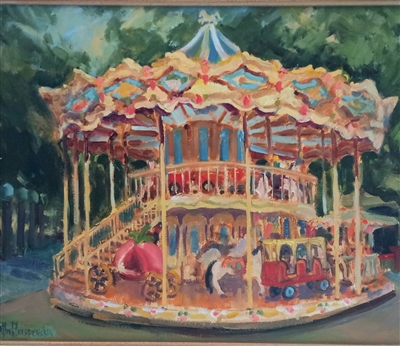 Impressionist oil painting of a carousel at an Italian village festival ...